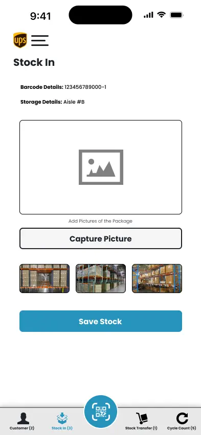 Mobile stock-in screen with package photo capture.
