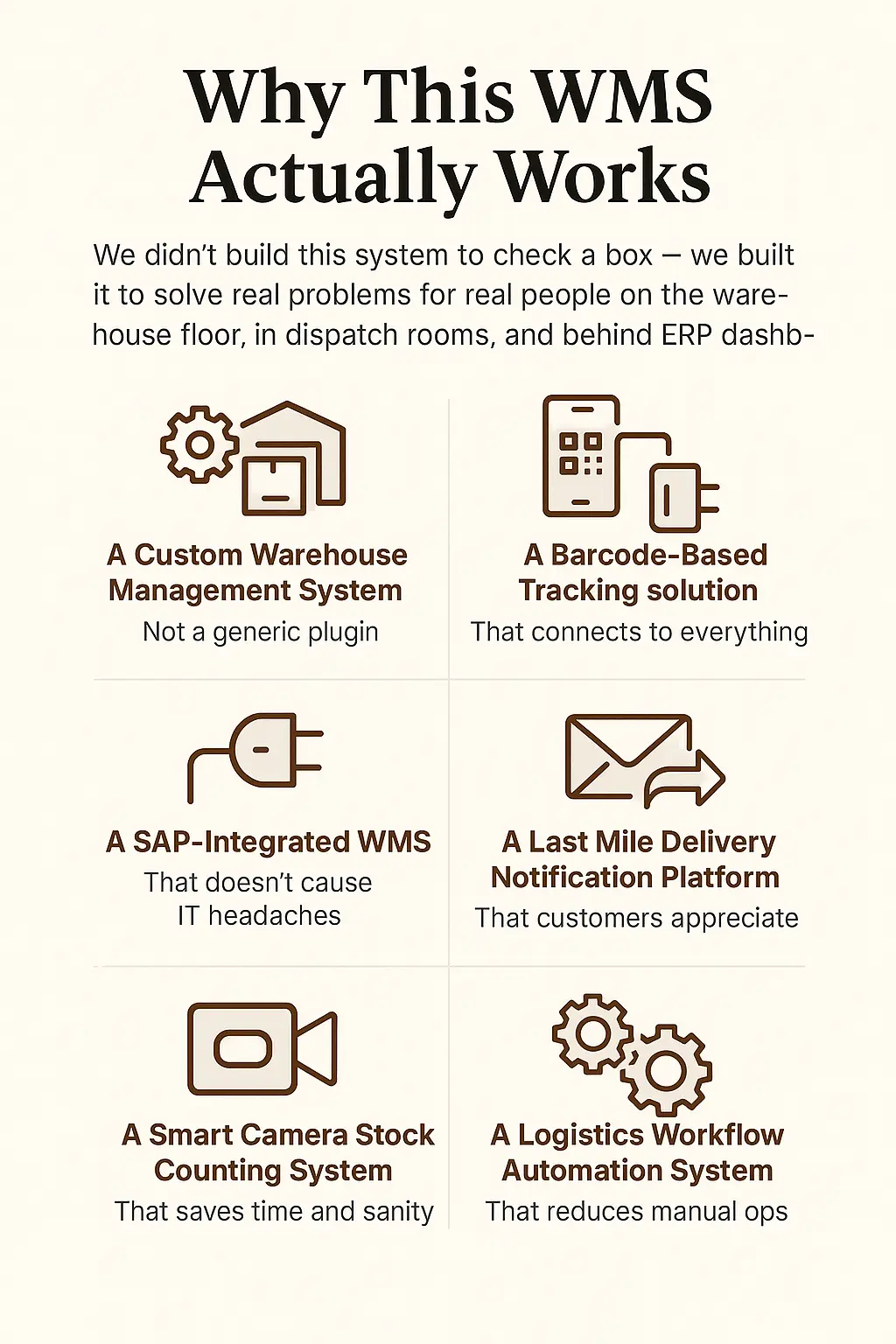 Infographic showing six features of a warehouse management system with icons and brief descriptions.